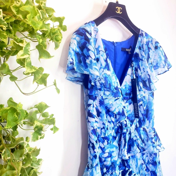 $890 NWT BADGLEY MISCHKA Blue Floral Tiered Gown 8 - Picture 5 of 9
